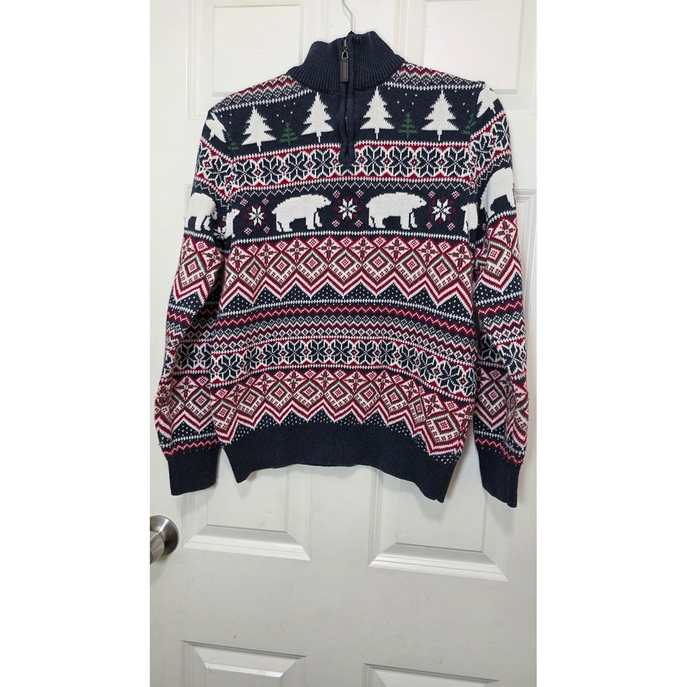Aspen Quarter Zip‎ Sweater Mens Medium Blue Polar Bear Fair Isle Holiday Cotton